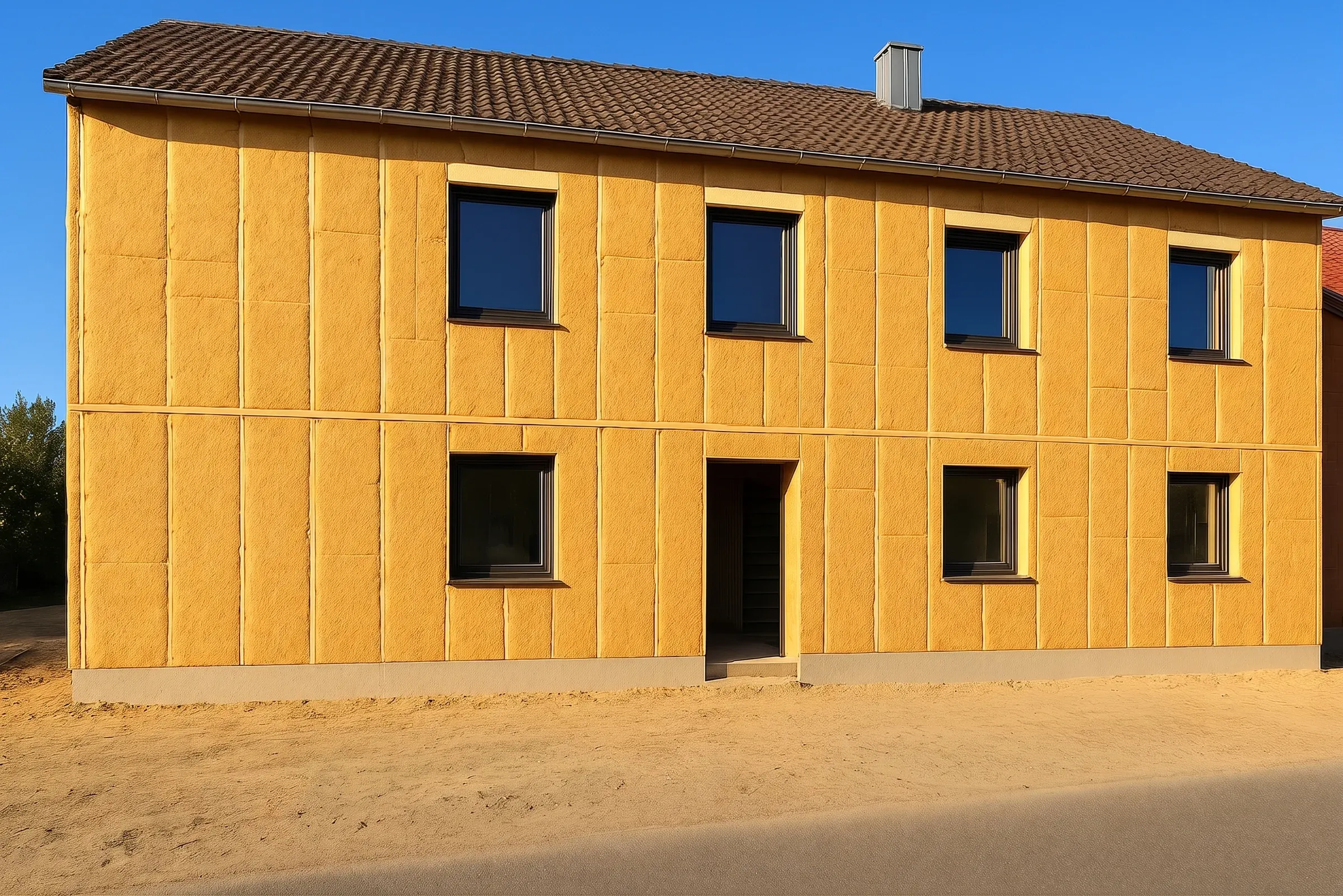 Zweigeschossiges Haus mit frisch montierten Holzfaserdämmplatten an der Fassade, eingebauten Fenstern und Ziegeldach (Baustellenumfeld mit KI bereinigt)